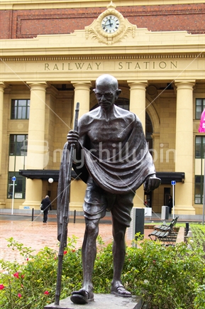Bronze statue of Ghandi, outside main entrance to Wellington's Railway station.