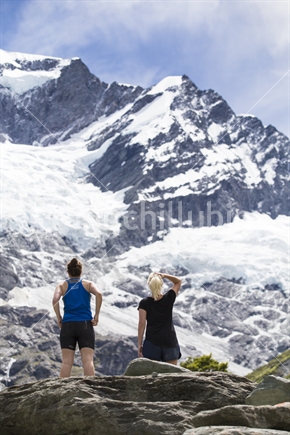 Two females admire view of Rob Roy Glacier, Mt Aspiring National Park