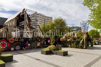 Spring (2014) in Cathedral Square, Christchurch. Decorated for Spring the Square is looking presentable and pretty.