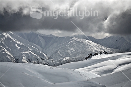 A fierce winter snow storm covers the Crown Range and Cardrona Ski field between Queenstown and Wanaka, South Island, New Zealand