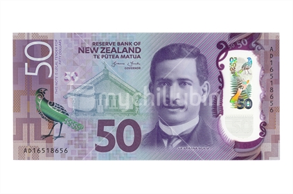 New New Zealand fifty dollar note - front. Featuring Sir Apirana Ngata. (Shot at the same relative scale as other notes from photographers series) Note: Please view approved reproduction details of NZ banknote full images at: http://www.rbnz.govt.nz/notes-and-coins/issuing-or-reproducing