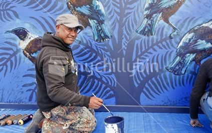 Artist Michel Tuffery, New Zealand born and based, of Samoan, Rarotongan and Tahitian heritage, painting a large billboard on the Wanaka lake front for the Festival of Colour held in Wanaka April 2011.

More for Michel Tuffery  www.micheltuffery.co.nz
