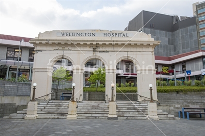Wellington hospital - the old facade with the three arches kept as a reminder of the past