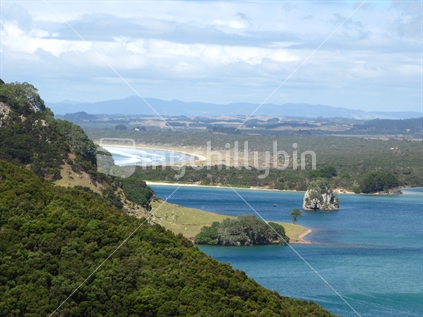 Houhora heads entrance to Pukenui Harbour from Mt Camel, showing East Beach and island