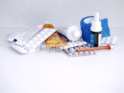 Contents of a medicine chest: tablets, drops, tubes etc.