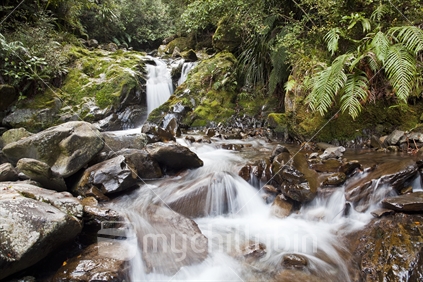 Pretty waterfall cascades down into the Mokihinui River near Specimen Creek. Old Ghost Road cycle trail, West Coast