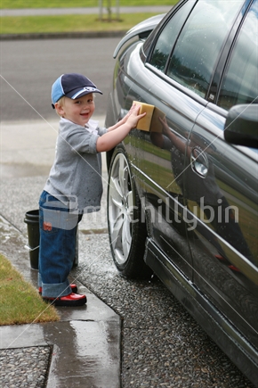 3 year old boy cleaning car