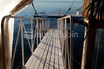 Floating Wharf with picnic table, at Lake Taupo, New Zealand. 