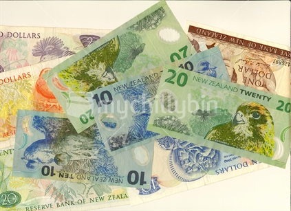 A selection of New Zealand currency notes, both the newer plastic versions and the older paper money. Note also the old $1 and $2 notes.