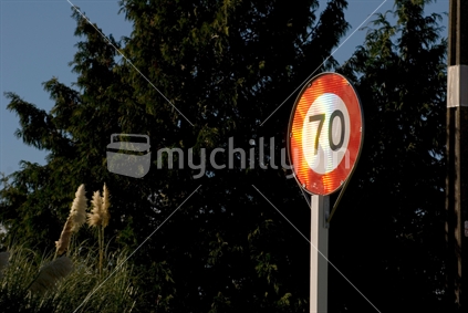 A 70 kph sign sparkles in the sunshine along a rural road
 