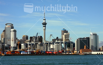Auckland CBD skyline, from the Waitemata Harbour, New Zealand.