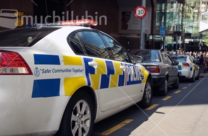 Polices car parked in Wyndham Street, Auckland