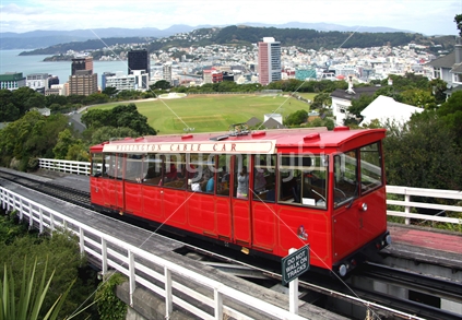 Wellington Cable Car with the heart of Wellington City in the background