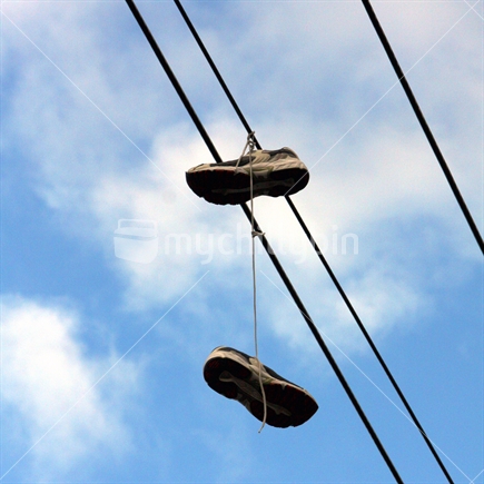 A pair of joggers hanging in a power transmission line