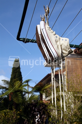 Sneakers drying on clothesline in New Zealand backyard
