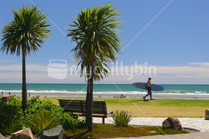 Surfer in Ohope, walking toward beach with cabbage trees in foreground