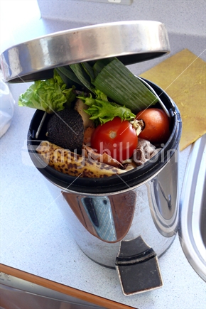 Kitchen rubbish bin filled with vegetables for compost heap