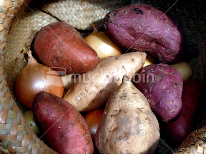 Kumara in woven vegetable basket