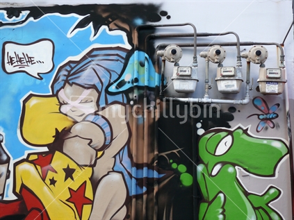 Gas meters surrounded by aftistic graffiti, Wellington, New Zealand. No.1.