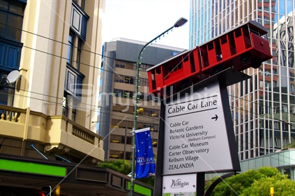 Miniature cable car with signage, Wellington, New Zealand.