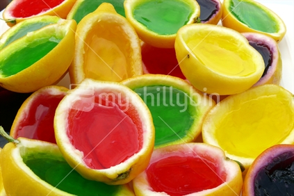 Lemon skins filled with colourful jelly.