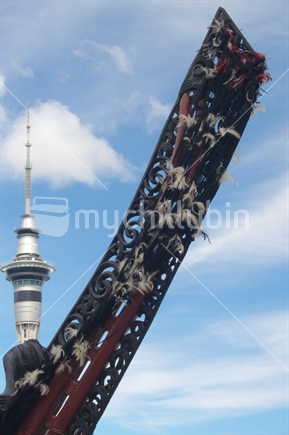 Auckland sky tower with waka in foreground