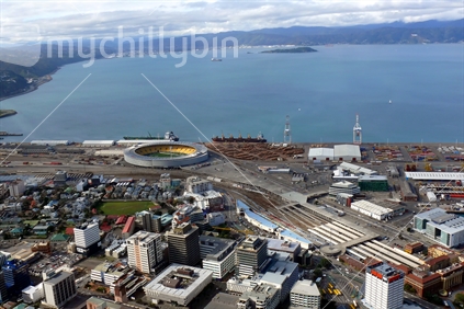 Looking down on the Cake Tin from a Helicopter in Wellington