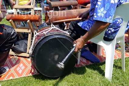 Tongan men playing slit drums at Pacifika Festival