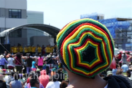 Person wearing Rastafarian hat at Pacifika Festival