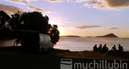 Five men and their campervan in the evening (see also #100093_3129,  #100093_3127, #100093_3056)  