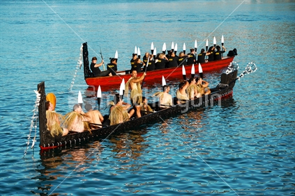 Two ceremonial waka in Wellington harbour