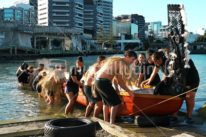 Minority NZ ethnicity and culture. Waka being dragged in from the lagoon in Wellington