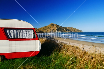 Caravan on the sand hills of Kaiawa Bay, The Coromandel