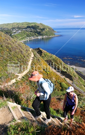 Two senior women hiking