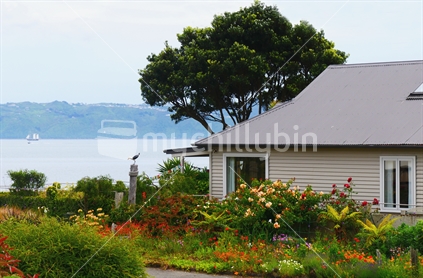 Seaside house with cottage garden and Spirit of New Zealand in background - Wellington
