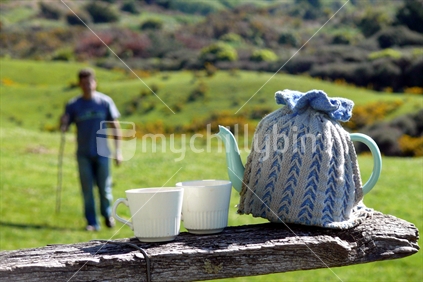Retro teapot with knitted tea cosy and two cups with farmer in background