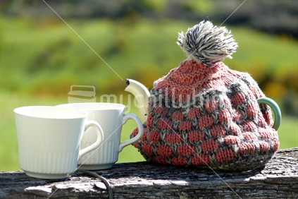 Retro teapot with knitted tea cosy and two china cups