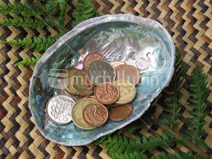 NZ coins in paua shell