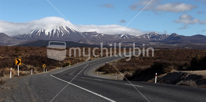 Mt Ngauruhoe and Tongariro National Park from State Highway One on the Central Plateau, New Zealand.