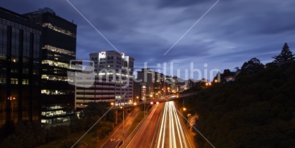 Wellington City at night, from the Wellington Urban Motorway in Wellington, New Zealand