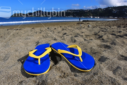 Vibrant jandals on the beach at Lyall Bay in Wellington.
