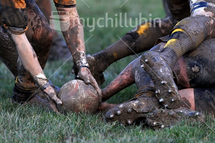 A player takes the ball from a ruck during a rugby game in Wellington