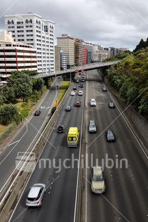 Ambulance and other traffic on the Wellington motorway.