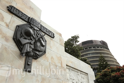 The Wellington Cenotaph and Beehive, Wellington. 