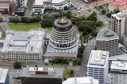An aerial view of the Beehive and Parliament House.