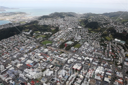 An aerial view including the Basin Reserve, Wellington.