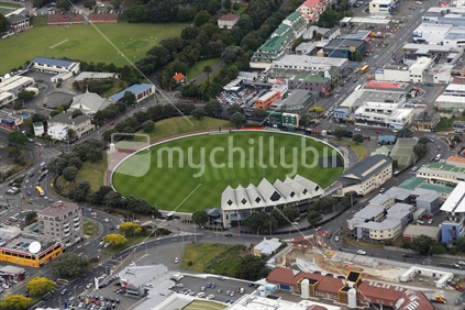 An aerial view of the Basin Reserve and surrounding roads, Wellington.