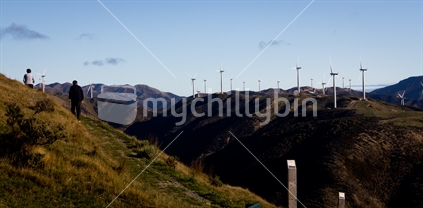 People on a walking track, with Makara West Wind turbines in the distance.