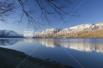 Lake Ohau and mountains in evening; South Island, New Zealand