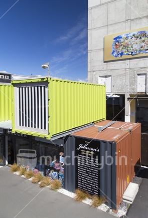Closeup of container mall, central city, christchurch